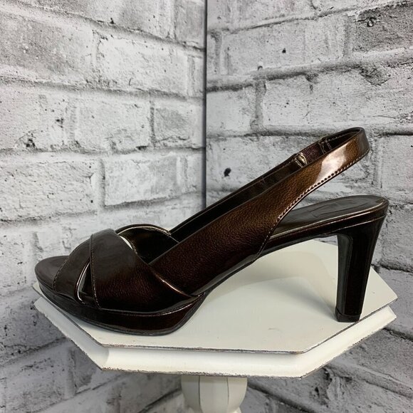 Etienne Aigner Ophelia Open Toe Sling Back Brown Patent Faux Leather Sandals - Picture 1 of 9